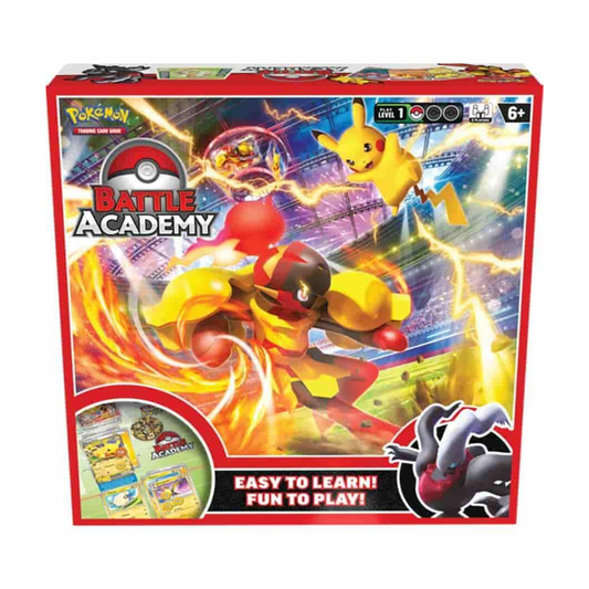 Pokemon TCG Battle Academy 2024 box with starter decks and game accessories