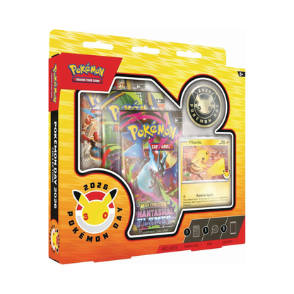 Pokemon TCG Pokemon Day 2026 Collection box showing Pikachu promo card booster packs and Pokemon coin