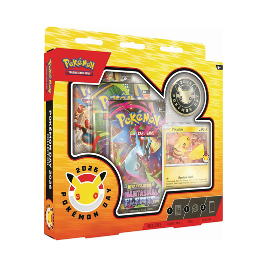 Pokemon TCG Pokemon Day 2026 Collection box showing Pikachu promo card booster packs and Pokemon coin