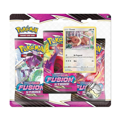 Pokemon TCG Fusion Strike 3 pack blister with booster packs and promo card.