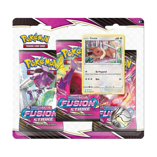 Pokemon TCG Fusion Strike 3 pack blister with booster packs and promo card.