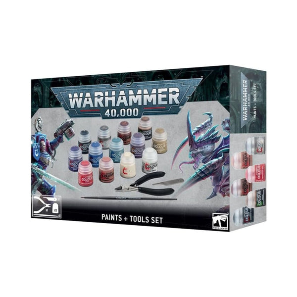 Warhammer 40,000 Paints and Tools Set with Citadel Colour paints, starter brush, and hobby clippers