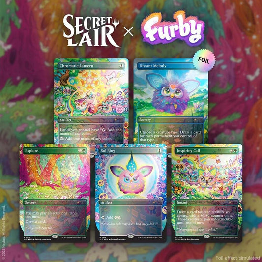 MTG Secret Lair x Furby Doo ay Noo lah Rainbow Foil Edition sealed collectible card set.
