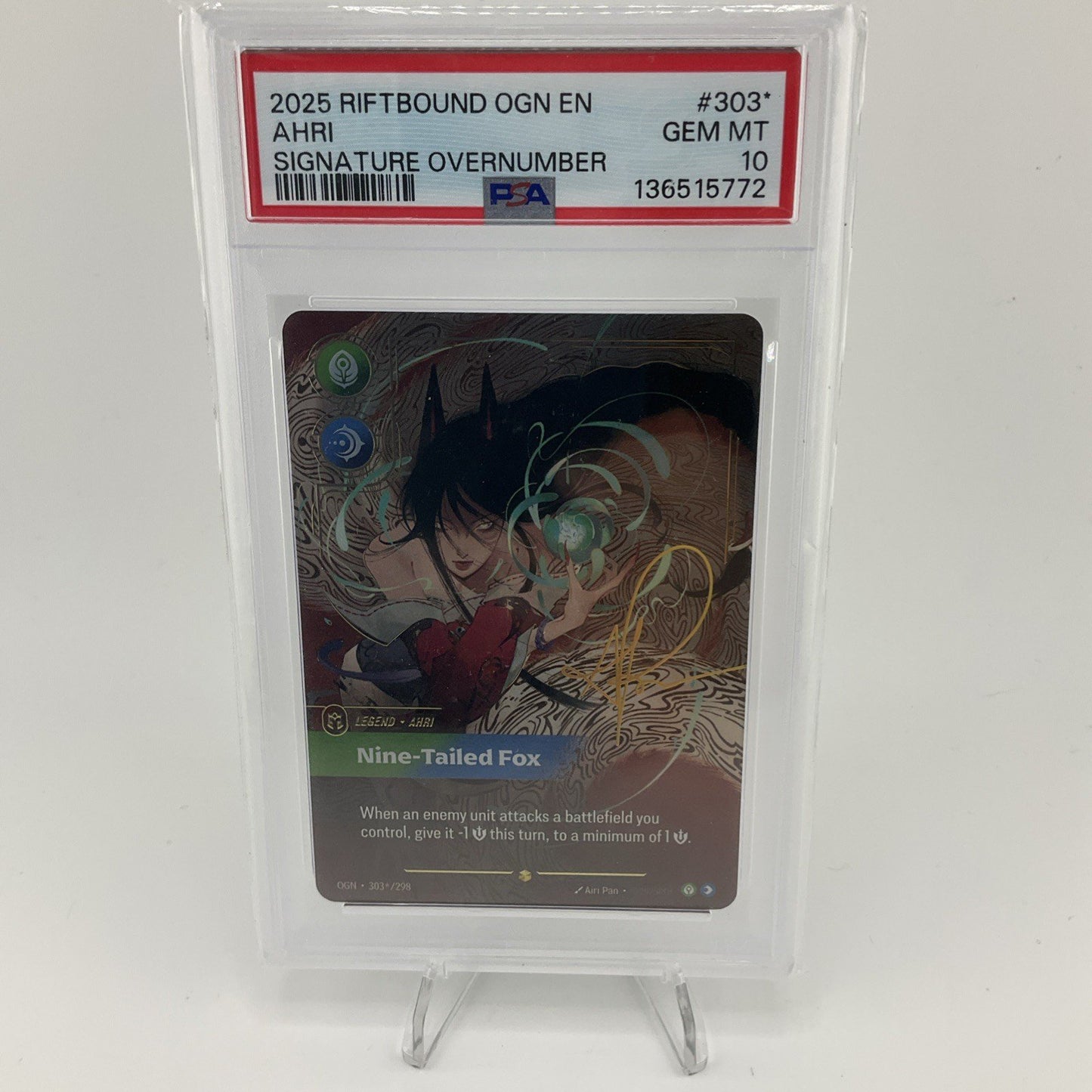 2025 RIFTBOUND OGN-ORIGINS SIGNATURE OVERNUMBER AHRI - NINE-TAILED FOX PSA 10