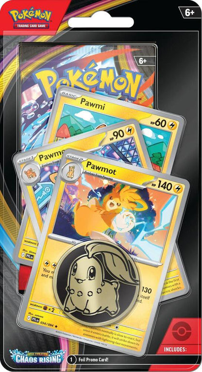 Pokémon TCG Chaos Rising Premium Checklane Blister Pawmot Line ME04 – Chaos Rising Expansion, Premium Booster Pack with Pawmot Promo Card, Collectible Pokémon Cards