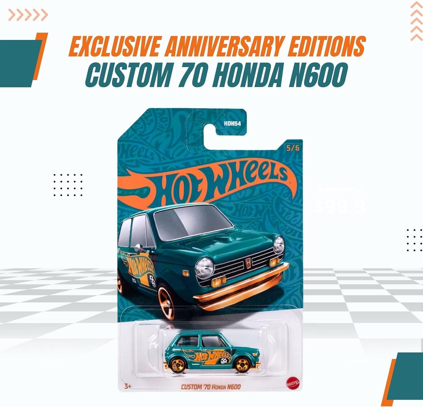 Custom '70 Honda N600 5/6 Hotwheels 56th Pearl and Chrome 2024 Die-Cast - Exclusive Anniversary Edition with Turquoise and Copper-Color Theme