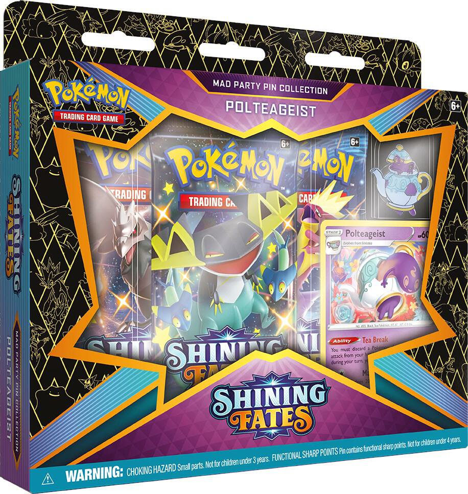 Pokemon TCG Shining Fates Mad Party Pin Collection Polteageist Cards Packs Set