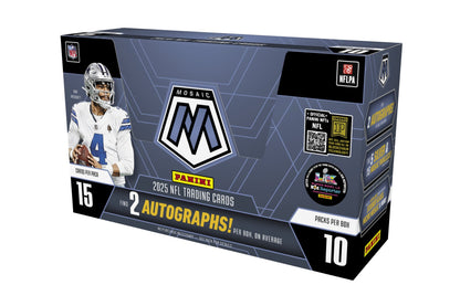 2025 Panini Mosaic NFL Football Hobby Box with sealed packs and chrome style parallels for card collection and collectible card games.