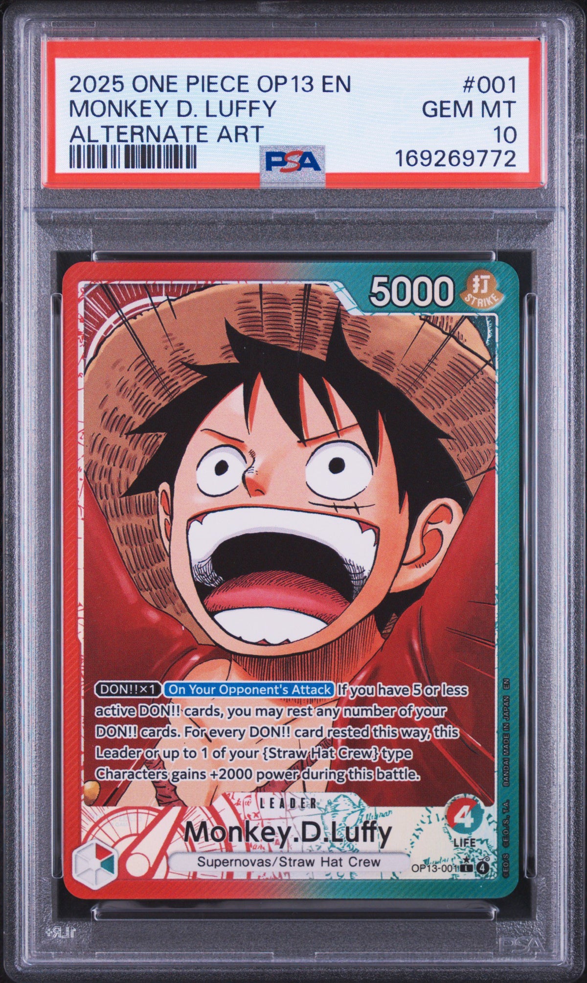 One Piece Monkey Luffy OP13-001 PSA 10 9772 Gem Mint Trading Card