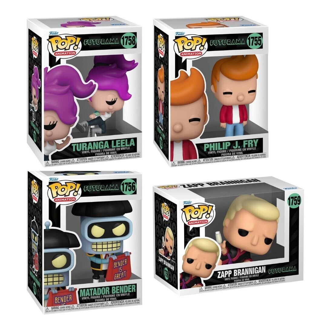 Futurama Wave 4 Funko Pop! Animation - Set of 4 (Philip J. Fry #1755, Matador Bender #1756, Turanga Leela #1758, and Zapp Brannigan #1759) Collectible Vinyl Figures (PRE-SALE)