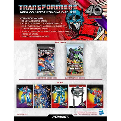 Transformers 40th Anniversary Metal Collector’s Trading Cards Blaster Box, 5 Packs, 2026 Dynamite Generation 1 Autobot and Decepticon Collectible Cards 
(PRE-ORDER)