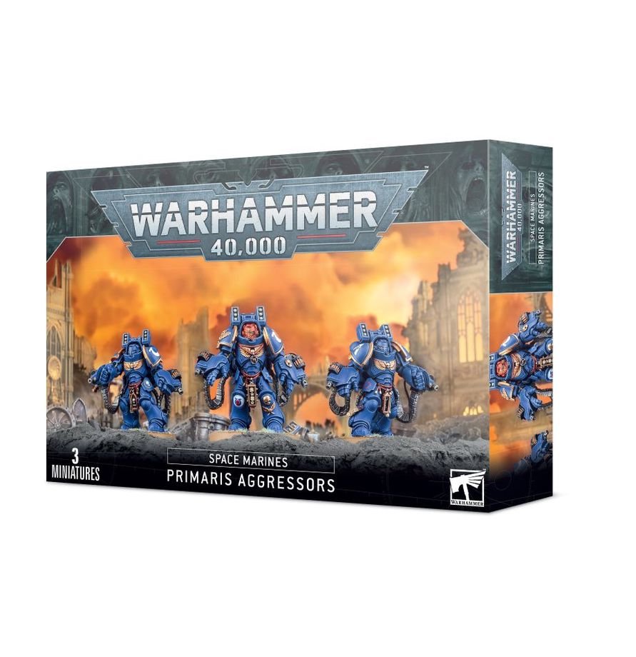 Warhammer 40,000 Space Marines Aggressor Squad – 3 Multi-Part Plastic Miniatures with Gravis Armor, Boltstorm or Flamestorm Weapons, Citadel Bases (PRE-ORDER)