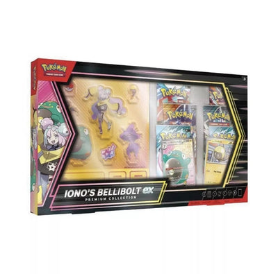 Pokemon TCG Iono Bellibolt ex Premium Collection with promo cards booster packs and display standees.