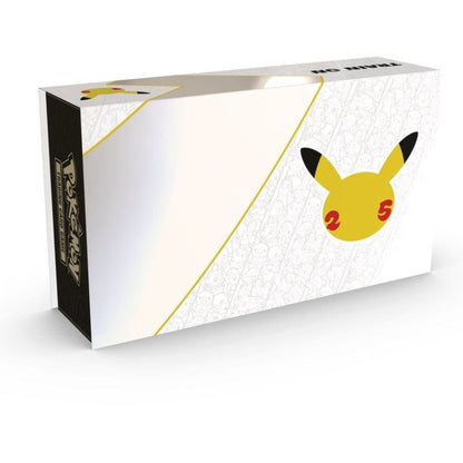 Pokémon Celebrations Ultra Premium Booster Collection Box featuring exclusive gold Pikachu and Charizard cards, collectible booster packs, and premium Pokémon trading cards set.
