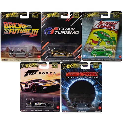 Hot Wheels Premium Pop Culture Mix 5 Vehicle - Set of 5 (Back to the Future Time Machine 1955, Lamborghini Huracan LP 620-2 Super Trofeo, 2016 Ford GT Race/Course, 2021 BMW M5, and Action Comics #1 - Action Sedan) - Collectible Toy Car Vehicle