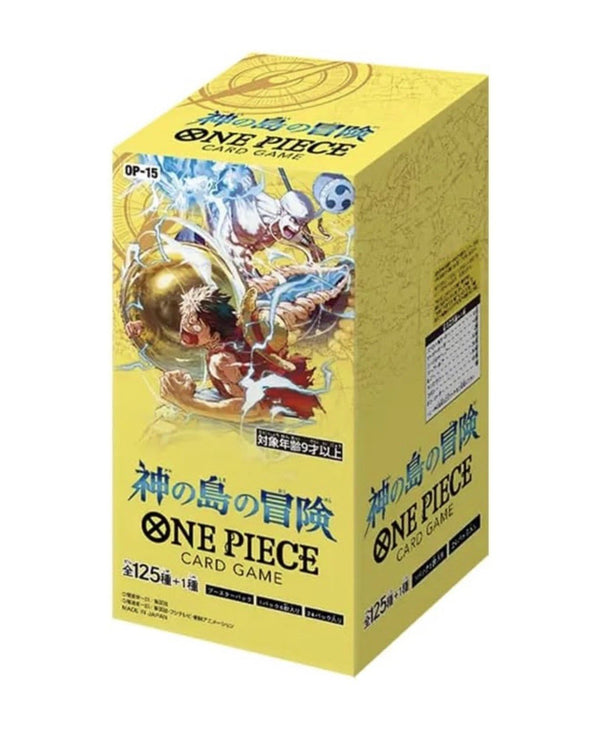 Japanese OP-15 Kami One Piece TCG booster box featuring collectible one piece trading cards from the One Piece anime for collectors and players.
