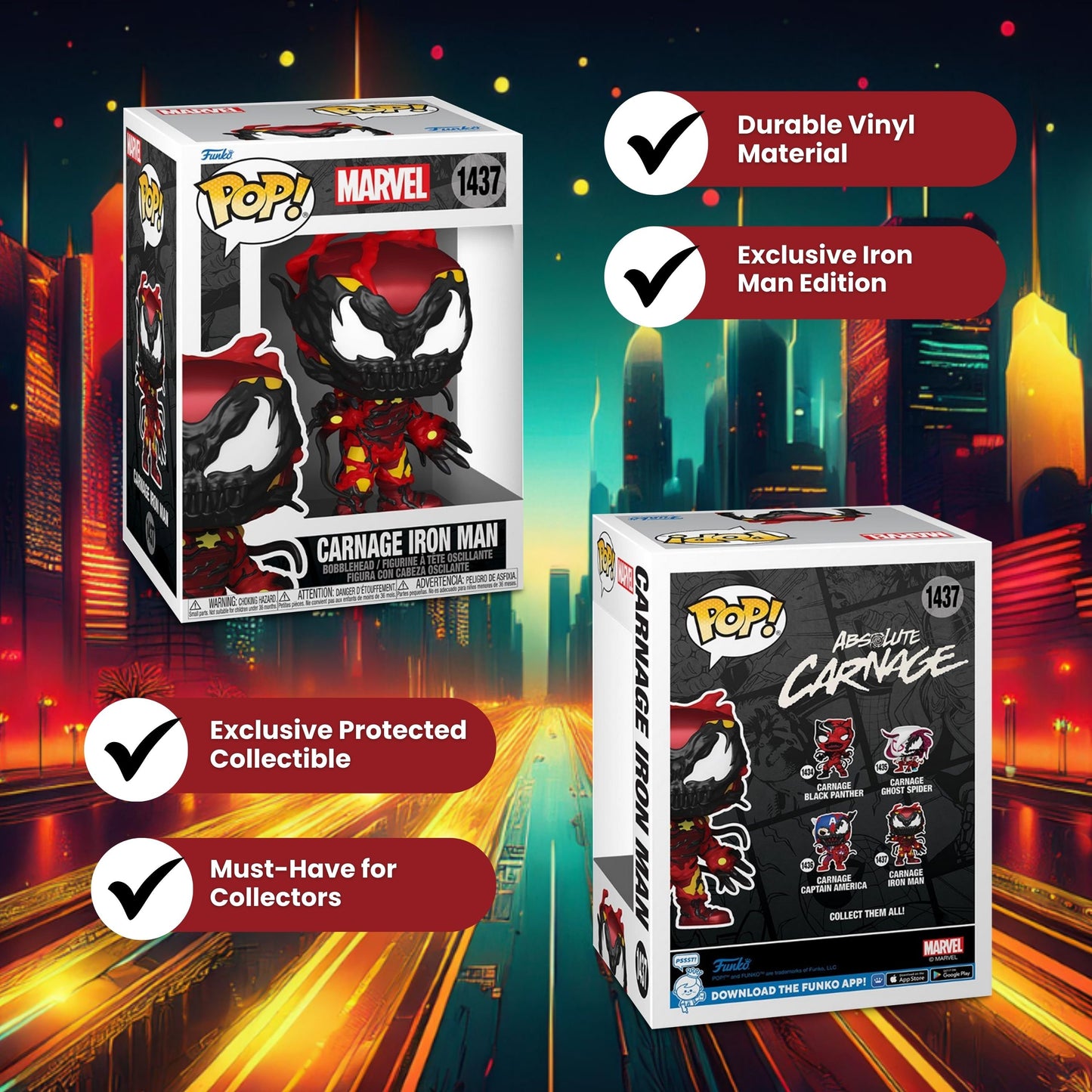 Carnage Iron Man Funko Pop! Marvel -  Approx. 4" Collectible Symbiote Fusion of Hero and Villain Vinyl Figure 1437 with  Display Box Protector Case