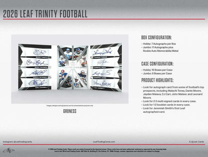 2026 Leaf Trinity Football Hobby Box, 7 Premium Autograph Cards Per Box, Base Steel Clear Autos, Rookie Auto Memorabilia, Jeremiah Smith Chase, Football Trading Card Collectible (PRE-ORDER)