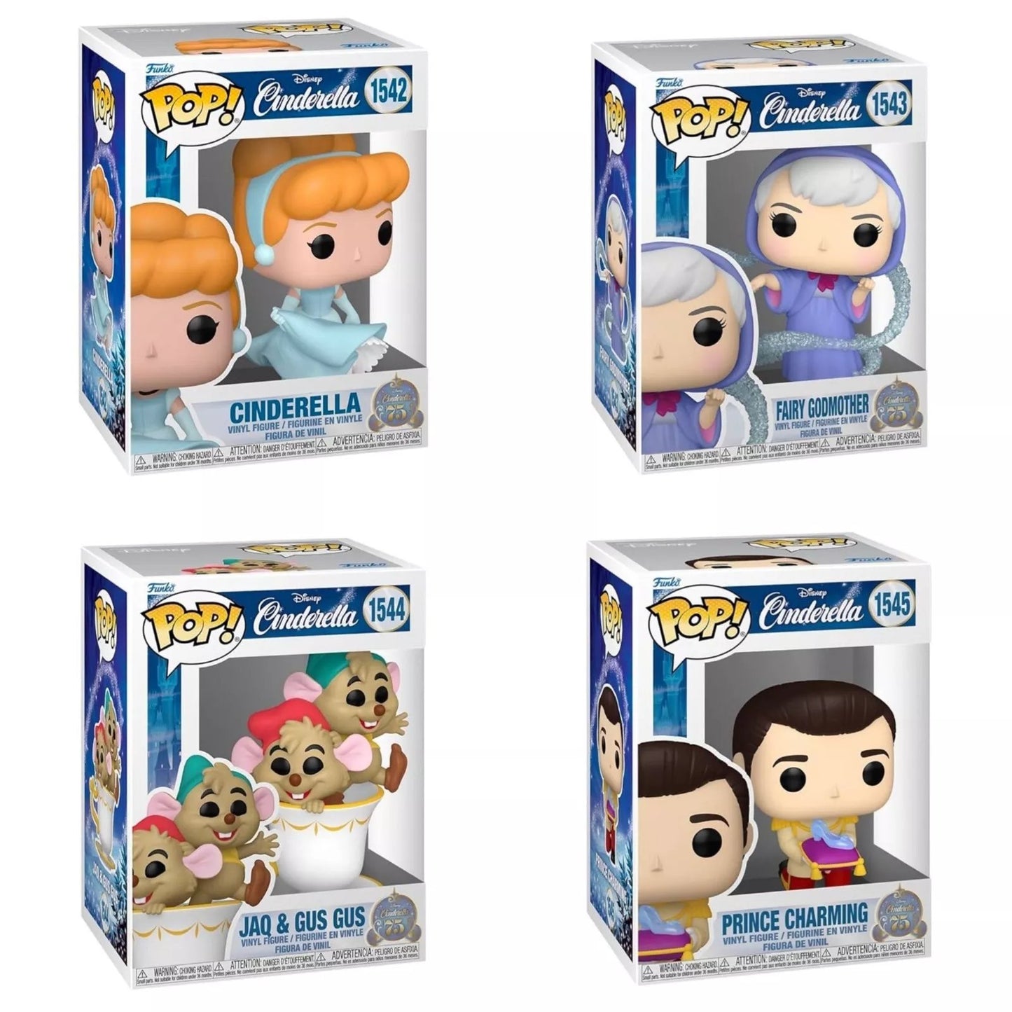 Funko Pop! Disney Cinderella 75th Anniversary - Pack of 4 (Prince Charming #1545, Jaq & Gus Gus # 1544, Fairy Godmother # 1543, and Cinderella #1542) Collectible Vinyl Figures (PRE-SALE)