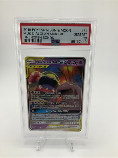 Pokemon Muk & Alolan Muk GX 61/214 Tag Team #61 Sm-Unbroken Bonds Holo PSA 10