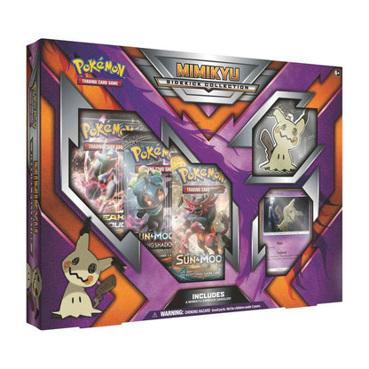 Pokémon TCG Mimikyu Sidekick Collection with foil Mimikyu promo card, Mimikyu dangler, 3 booster packs, and code card for Pokémon Trading Card Game Online, ideal for collectors and card game fans.