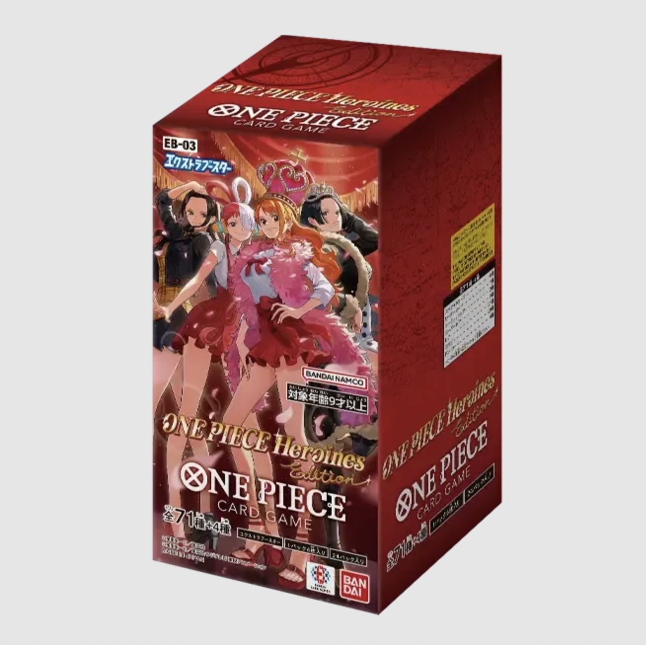 One Piece EB03 Heroines Japanese Booster Box featuring collectible One Piece cards with female characters.