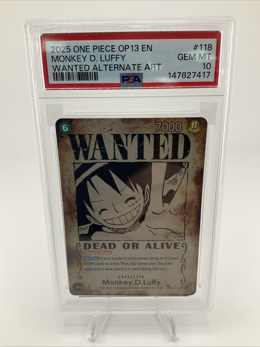 2025 One Piece OP13 EN Wanted Alternate Art #118 Monkey D Luffy PSA 10