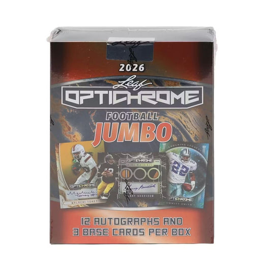 Leaf Optichrome JUMBO Football 2026 football trading cards pack showcasing sports card designs and collectible card game style artwork