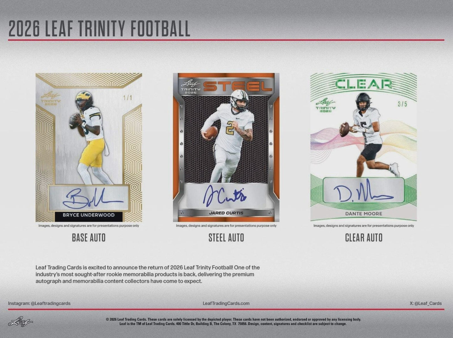 2026 Leaf Trinity Football Hobby Box, 7 Premium Autograph Cards Per Box, Base Steel Clear Autos, Rookie Auto Memorabilia, Jeremiah Smith Chase, Football Trading Card Collectible (PRE-ORDER)