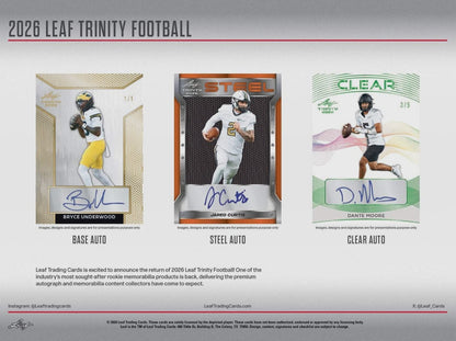 2026 Leaf Trinity Football Hobby Box, 7 Premium Autograph Cards Per Box, Base Steel Clear Autos, Rookie Auto Memorabilia, Jeremiah Smith Chase, Football Trading Card Collectible (PRE-ORDER)