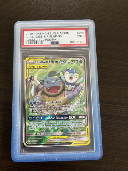 2019 POKEMON SUN & MOON COSMIC ECLIPSE #215 FULL ART/BLASTOISE & PIPLUP GX PSA 9