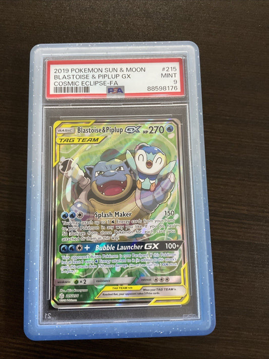 2019 POKEMON SUN & MOON COSMIC ECLIPSE #215 FULL ART/BLASTOISE & PIPLUP GX PSA 9
