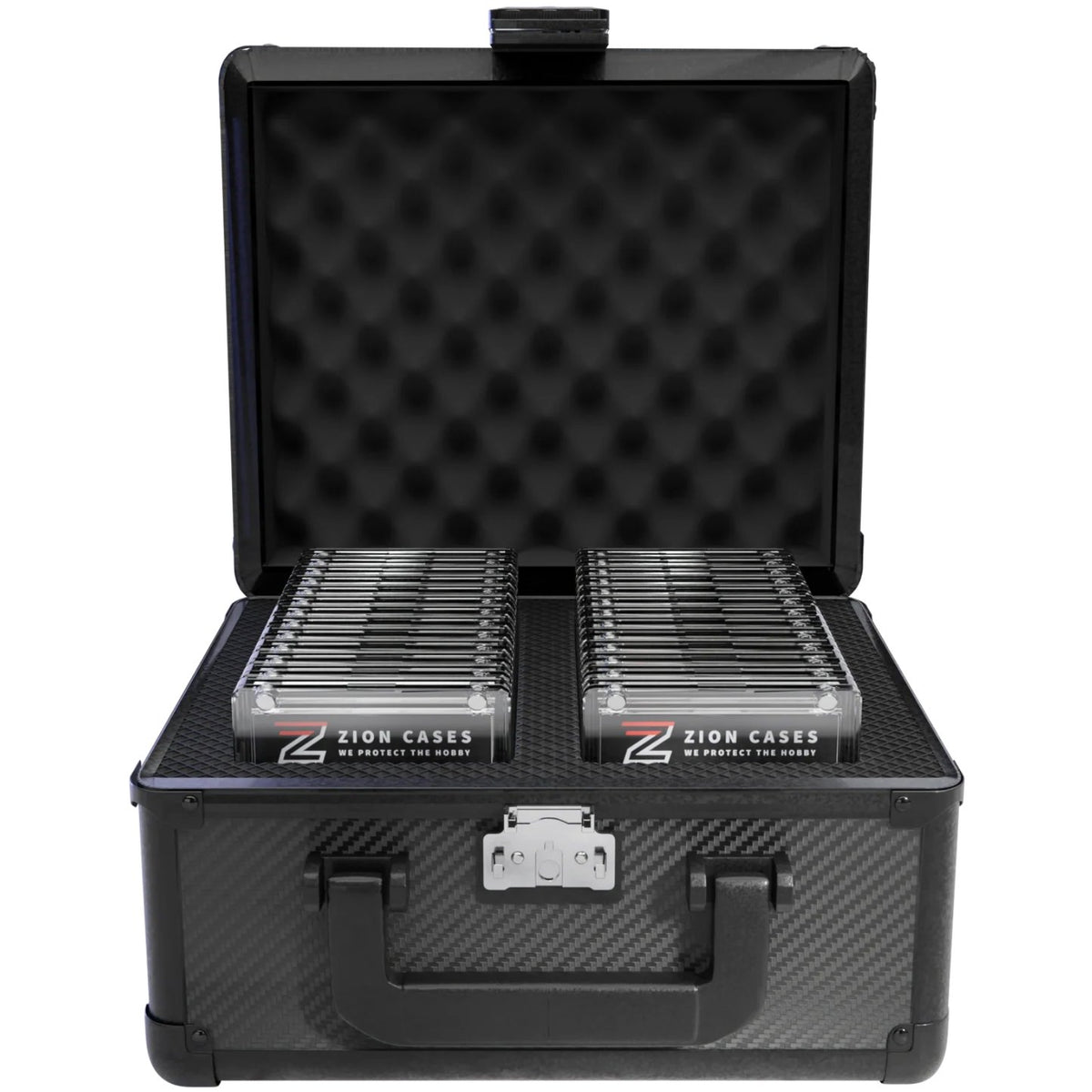 Zion Cases Slab Case 2 Row Carbon Fiber, Trading Card Slab Storage Case, Holds Up to 60 Slabs, TSA Approved Locks, High-Grade Foam Interior, Protective Carrying Case for Collectors (PRE-ORDER)