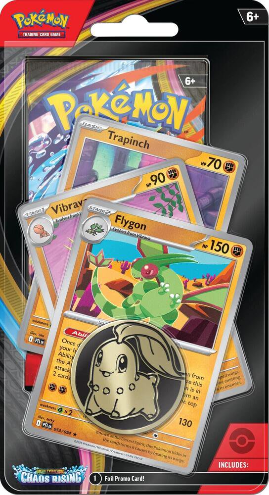 Pokémon TCG Chaos Rising Premium Checklane Blister Flygon Line ME04 – Chaos Rising Expansion, Premium Booster Pack with Flygon Promo Card, Collectible Pokémon Cards