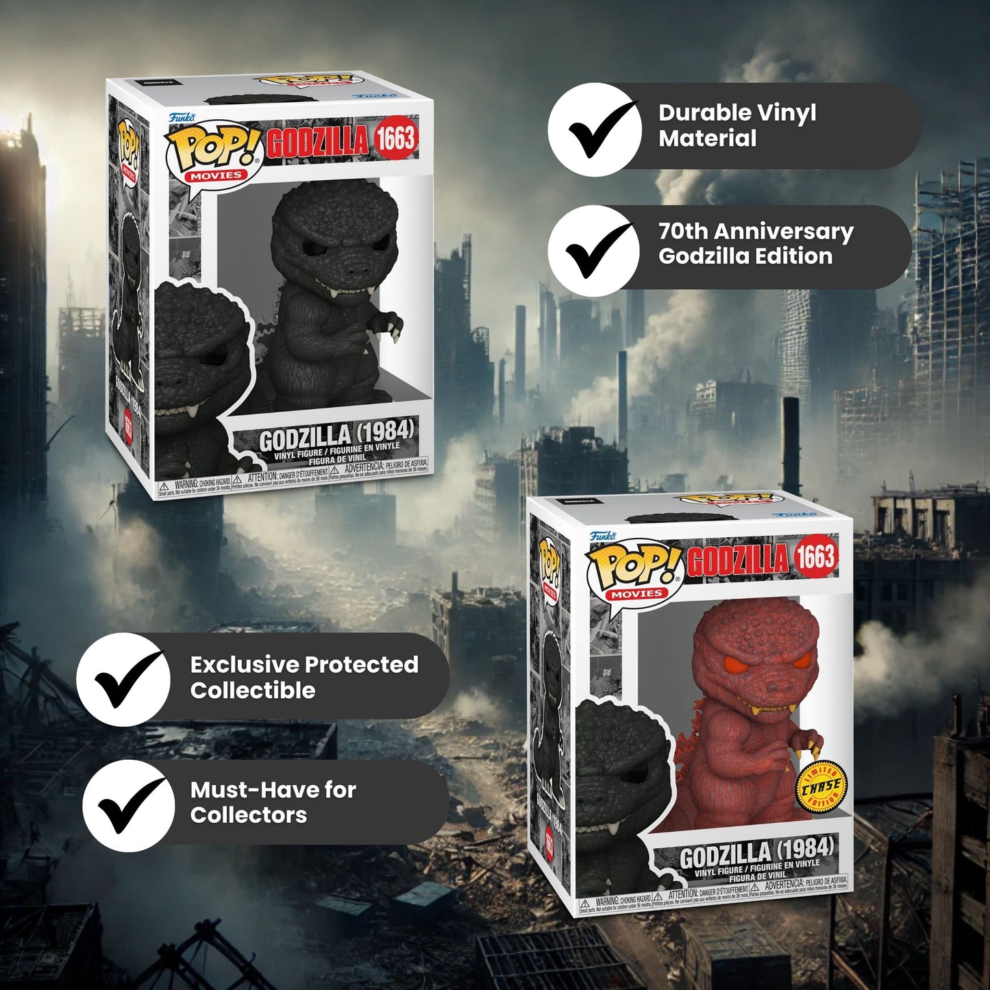 Godzilla (1984) Funko Pop! Movies - 70th Anniversary - Set of 2 ( Includes Standard and Chase Limited Edition) - Collectible Vinyl Figure #1663 with Window Display Box