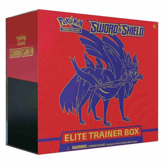 Pokemon Sword & Shield Elite Trainer Box Red Zacian with 8 booster packs, Zacian card sleeves, energy cards, dice, and game accessories