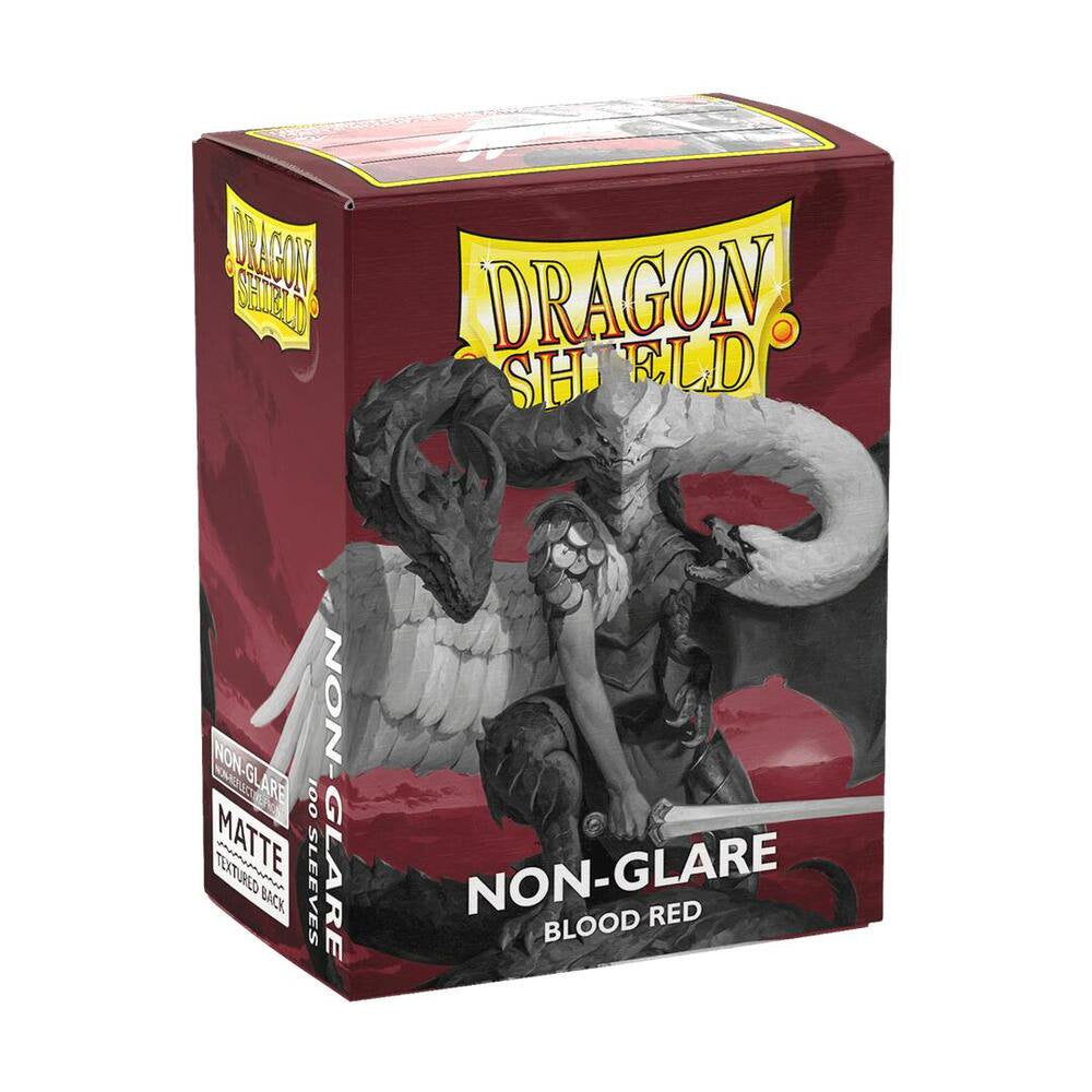 Dragon Shield Non-Glare Matte Blood Red 100 count sleeves for trading card protection and reduced glare.