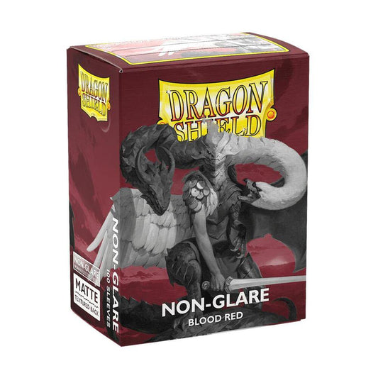 Dragon Shield Non-Glare Matte Blood Red 100 count sleeves for trading card protection and reduced glare.