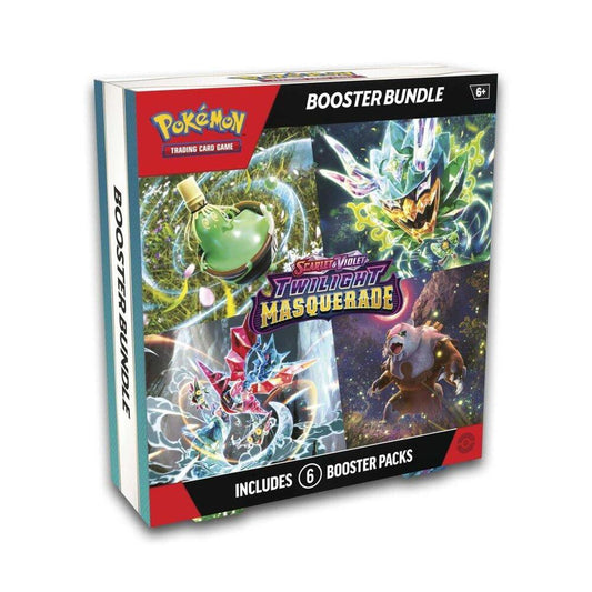 Pokemon TCG Scarlet and Violet Twilight Masquerade Booster Bundle with six sealed pokemon card packs.