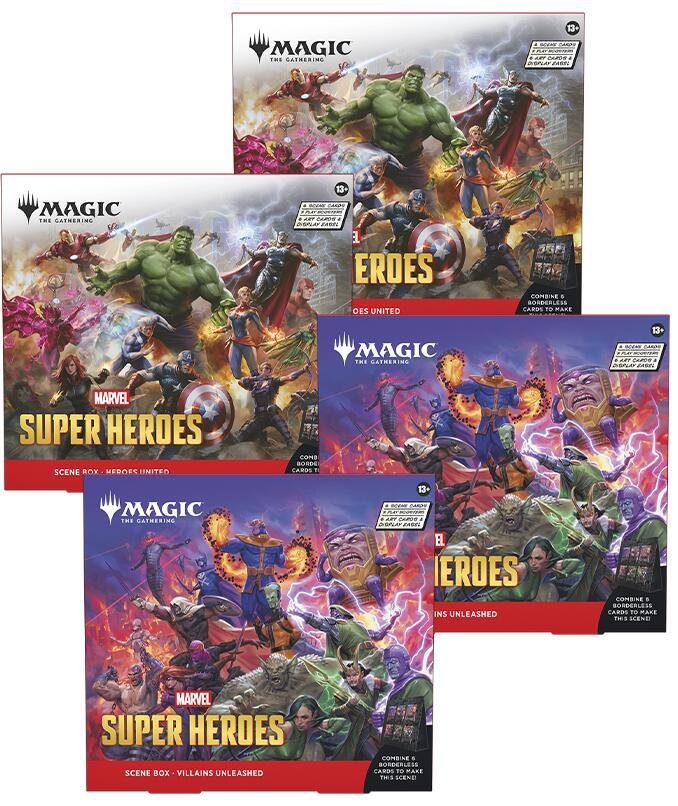 MTG Marvel Super Heroes Scene Box 4ct - Magic: The Gathering Collectible Cards with Foil Scene Cards, Art Cards, Play Boosters & Display Easel (PRE-ORDER JUNE)