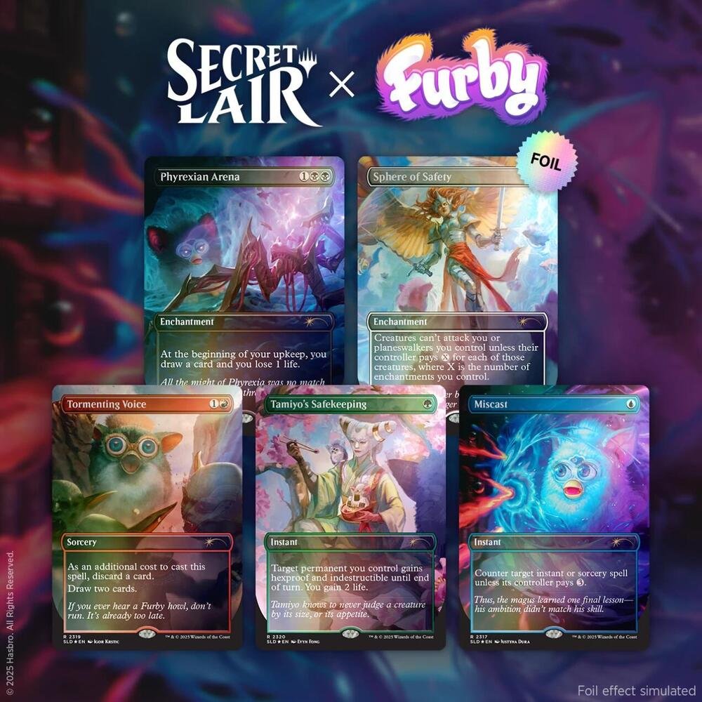 MTG Secret Lair x Furby The Gathering Rainbow Foil Edition sealed collectible card set.