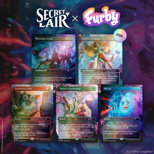 MTG Secret Lair x Furby The Gathering Rainbow Foil Edition sealed collectible card set.