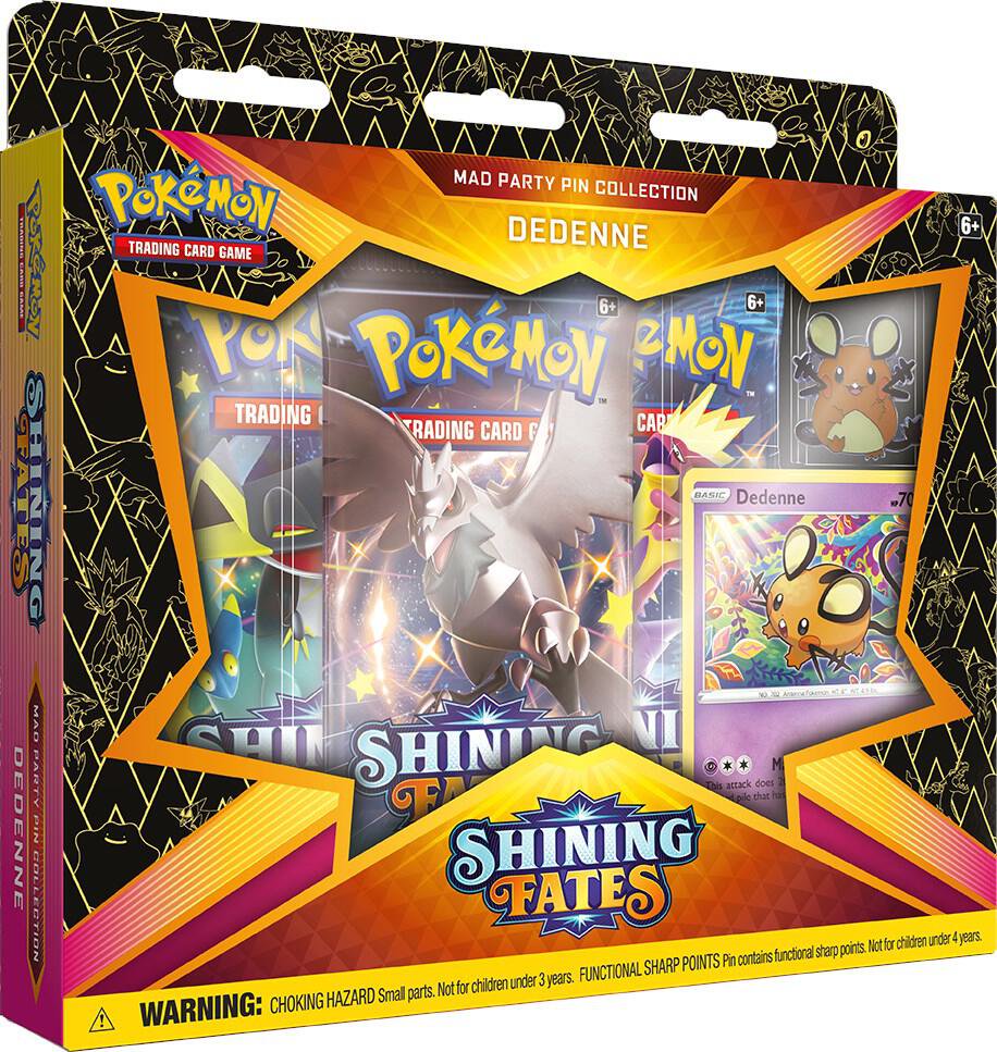 Pokemon TCG Shining Fates Mad Party Pin Collection Dedenne Cards Packs Collectible Set