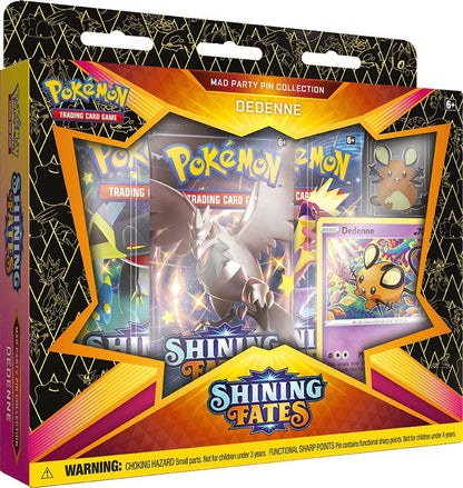 Pokemon TCG Shining Fates Mad Party Pin Collection Dedenne Cards Packs Collectible Set
