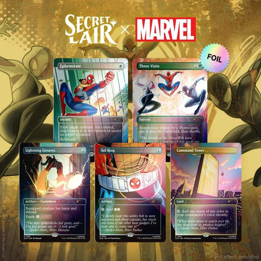 MTG Secret Lair X Marvel Heroic Deeds Rainbow Foil Magic The Gathering cards with Marvel hero artwork full art card set