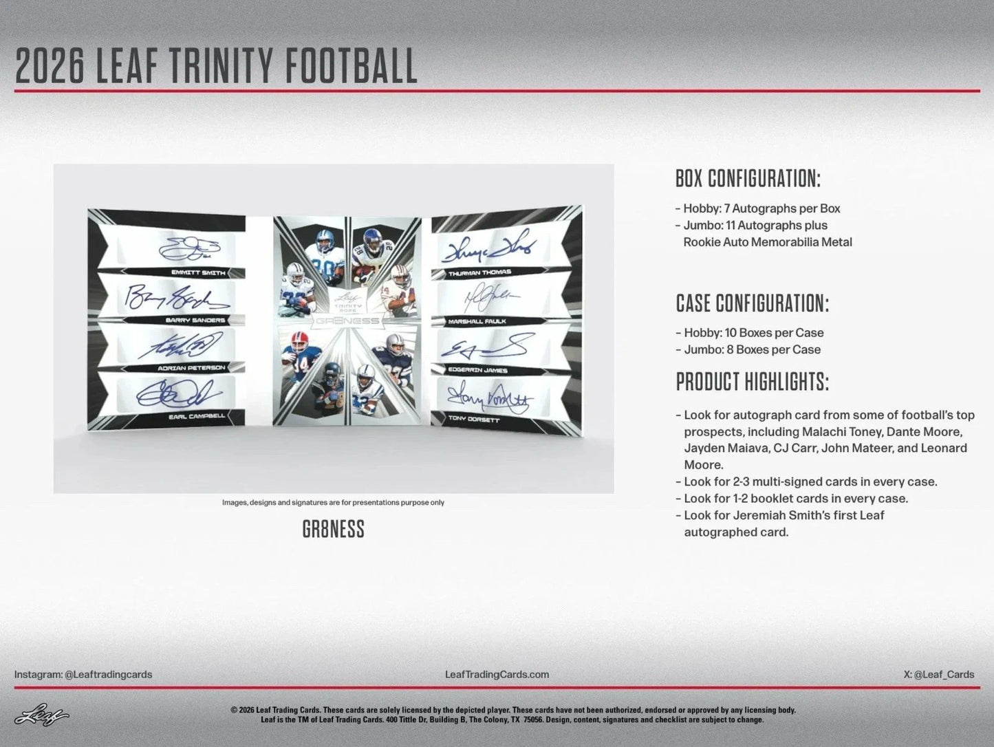 2026 Leaf Trinity Football NFL Factory Sealed 8 Box Hobby Jumbo Case, Premium Football Trading Cards for Collectors and Sports Memorabilia Fans (PRE-ORDER)