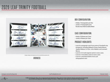 2026 Leaf Trinity Football NFL Factory Sealed 8 Box Hobby Jumbo Case, Premium Football Trading Cards for Collectors and Sports Memorabilia Fans (PRE-ORDER)