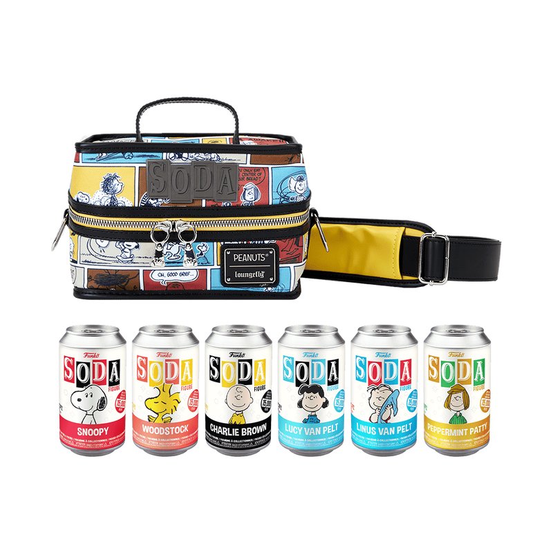 Peanuts Funko Soda! Comic Strips - 6-Piece Set of Approx. 4" Vinyl Figures in Collectible Soda Cans (Chance of 1 Chase Variant) with an 8" Cooler Bag