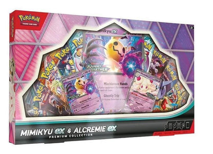Pokemon TCG Mimikyu ex and Alcremie ex Premium Collection box with promo cards, oversize card, and 10 booster packs.