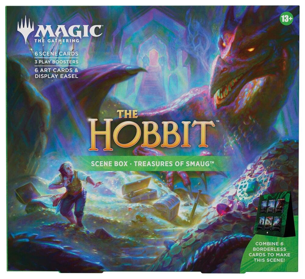 Magic: The Gathering The Hobbit Treasures of Smaug Scene Box (HOB) | 3 Play Boosters, 6 Foil Borderless Scene Cards, 6 Art Cards & Display Easel | Middle-earth Collectible Card Set (PREORDER - Release Date August 14, 2026)